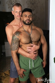 Latino-muscled-stud-Favio-Vador-bare-asshole-fucked-James-Keresford-huge-cock-at-Kristen-Bjorn-18-porno-gay-pics